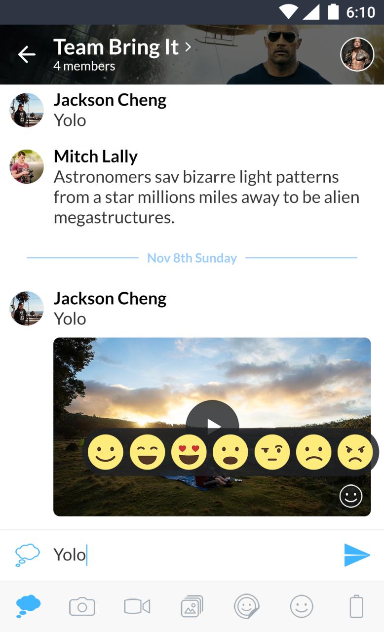 Amity Messenger Android group conversation with a shared video and reaction controls.