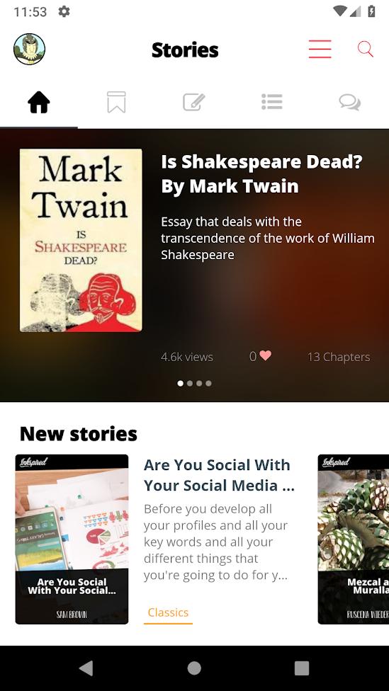 Inkspired Android app showing a featured story and a feed of new stories.