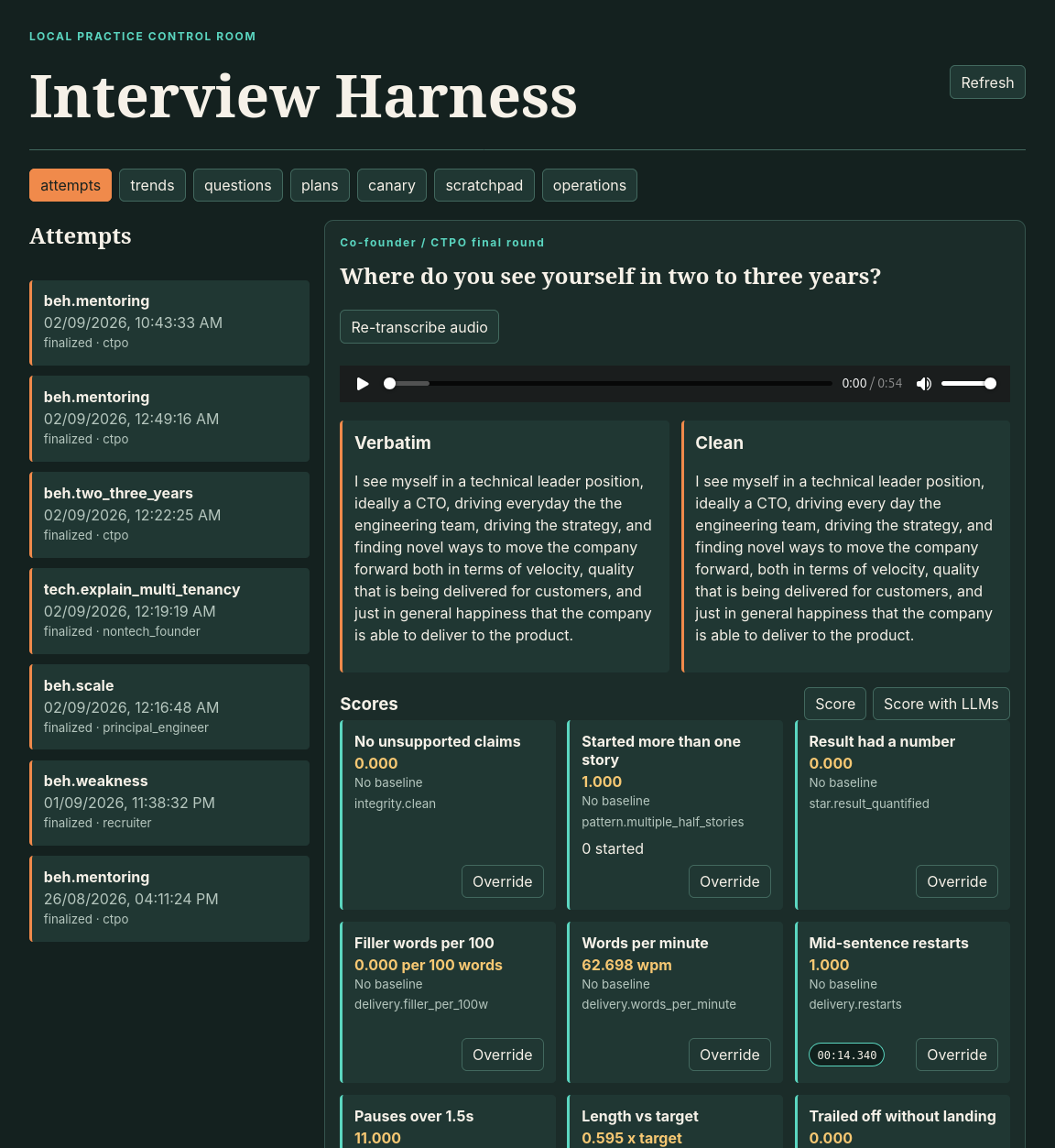 Interview Harness attempt review dashboard showing a spoken-answer transcript and scored metrics.