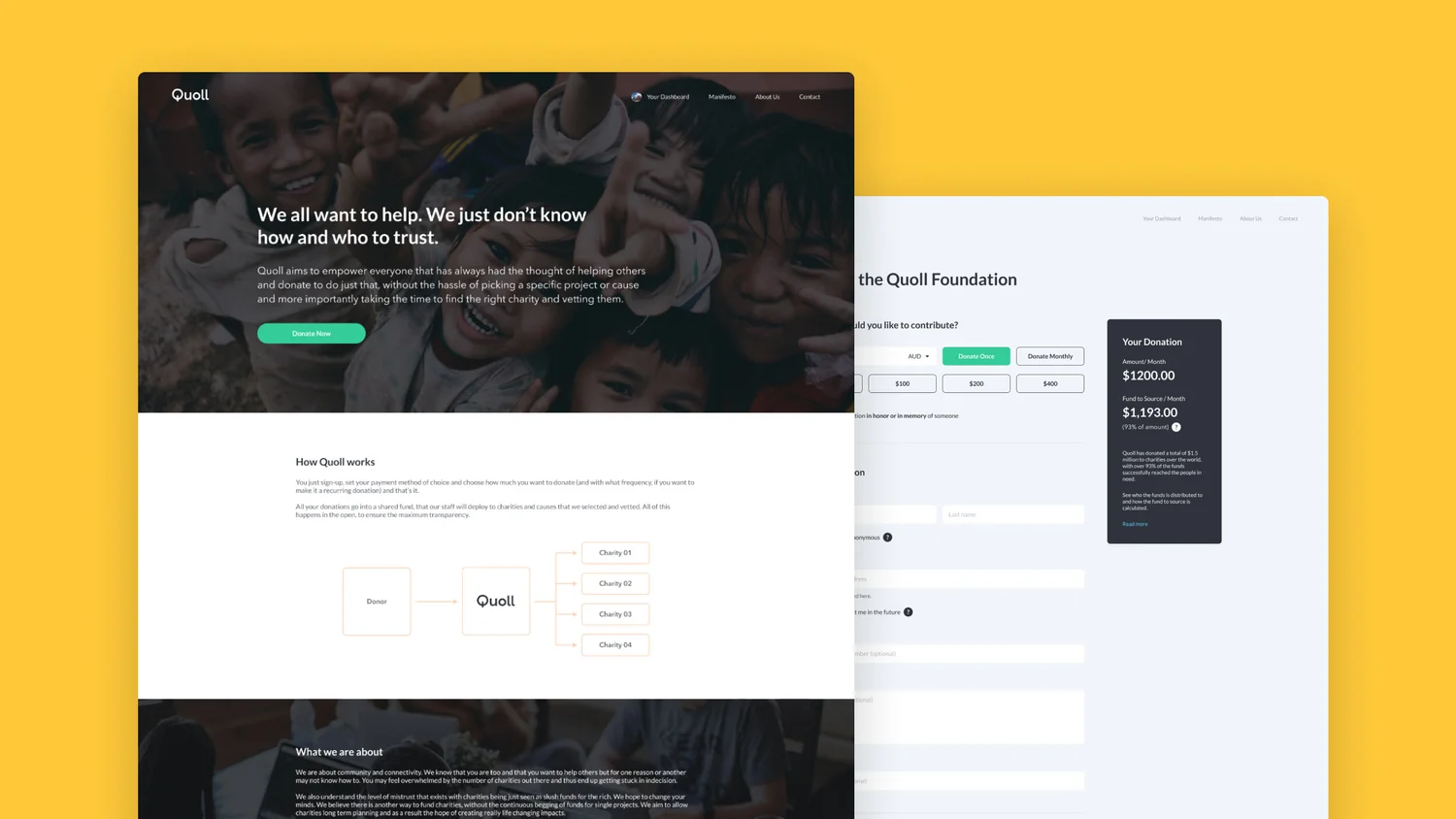 Quoll charity donation website showing its cause discovery and fund selection experience.